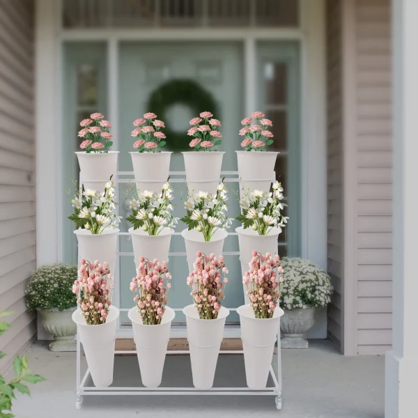 3 Layers Flower Display Stand Movable Modern Metal Plant Shelf with 12Pcs Flower Buckets & Wheels for Home Garden Patio Balcony - Image 5