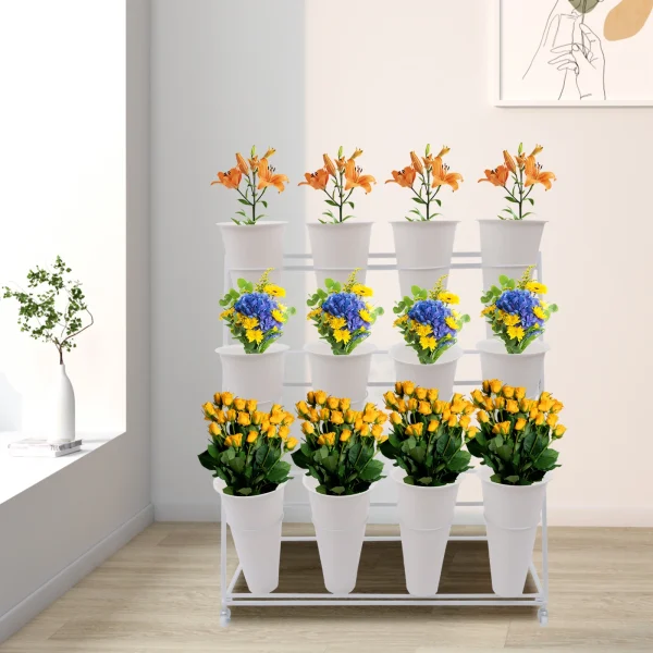 3 Layers Flower Display Stand Movable Modern Metal Plant Shelf with 12Pcs Flower Buckets & Wheels for Home Garden Patio Balcony - Image 4