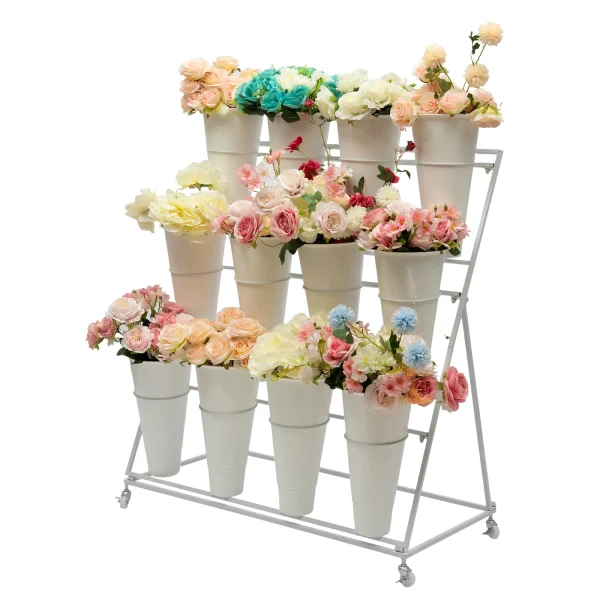 3 Layers Flower Display Stand Movable Modern Metal Plant Shelf with 12Pcs Flower Buckets & Wheels for Home Garden Patio Balcony - Image 3