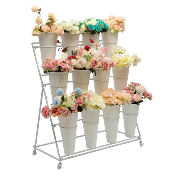 3 Layers Flower Display Stand Movable Modern Metal Plant Shelf with 12Pcs Flower Buckets & Wheels for Home Garden Patio Balcony - Image 2