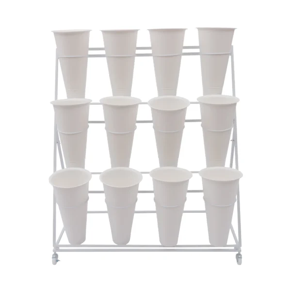 3 Layers Flower Display Stand Movable Modern Metal Plant Shelf with 12Pcs Flower Buckets & Wheels for Home Garden Patio Balcony - Image 7