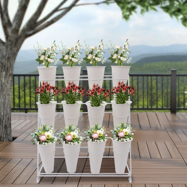 3 Layers Flower Display Stand Movable Modern Metal Plant Shelf with 12Pcs Flower Buckets & Wheels for Home Garden Patio Balcony - Image 6