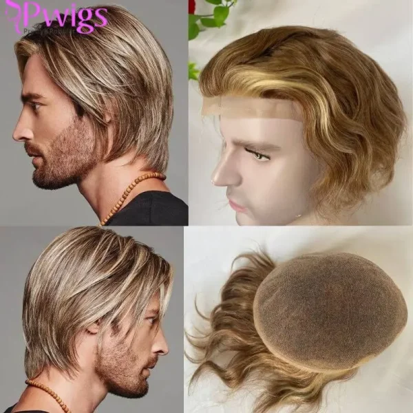 Pwigs Toupee for Men Full French Lace 10X8 Inch Cap Base 4mixed 27 highlight 613 Front Colored 100% European Human Hair System
