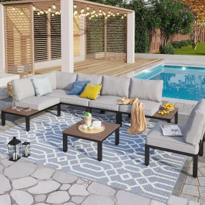 Metal Patio Furniture Set 6 Piece Modular Modern Outdoor Sectional Sofa Garden Bench Set with Wrought Iron Coffee Table
