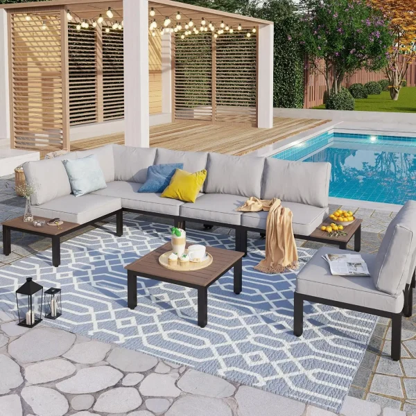 Metal Patio Furniture Set 6 Piece Modular Modern Outdoor Sectional Sofa Garden Bench Set with Wrought Iron Coffee Table