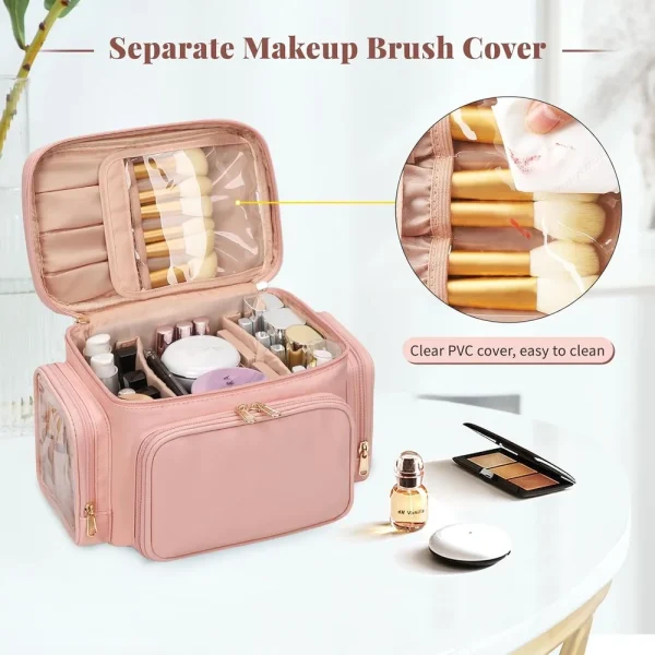 Large Portable Makeup Bag Organizer with Brush Compartment Travel Cosmetic Storage Waterproof Pockets Women and Girls - Image 6