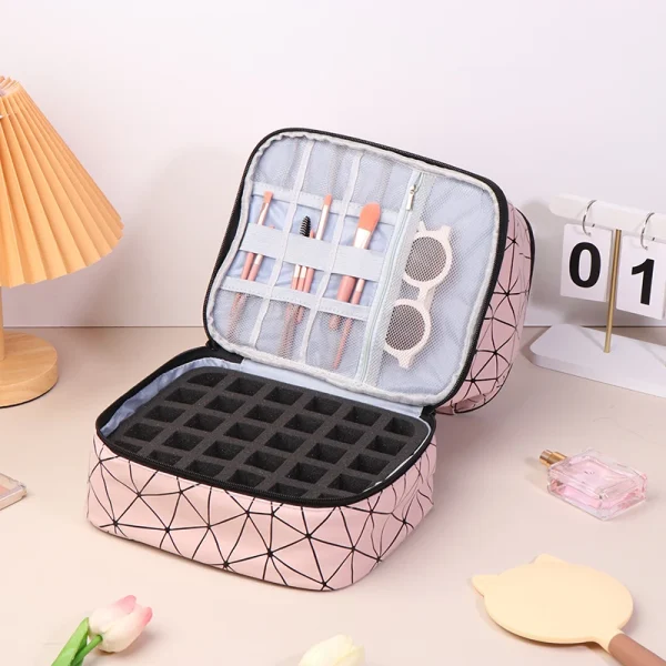 PU Leather Nail Polish Carrying Case Cosmetic Portable Large Handbag Storage Bag Sections Nail Kit Organizer Holds 30+ Bottles - Image 3