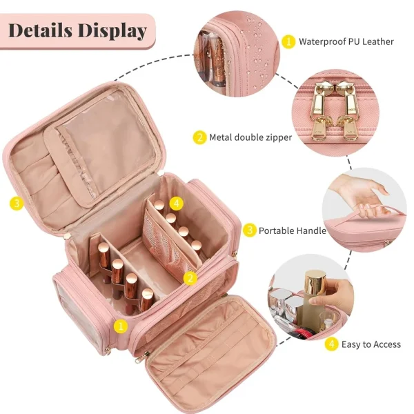 Large Portable Makeup Bag Organizer with Brush Compartment Travel Cosmetic Storage Waterproof Pockets Women and Girls - Image 3