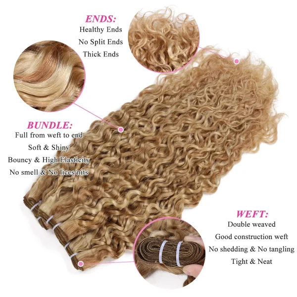 Real Beauty Ombre  Water Wave P27/613 Two Tone Remy Curly  Human Hair Extensions Weave Bundles Auburn Peruvian Hair12"-24" - Image 5